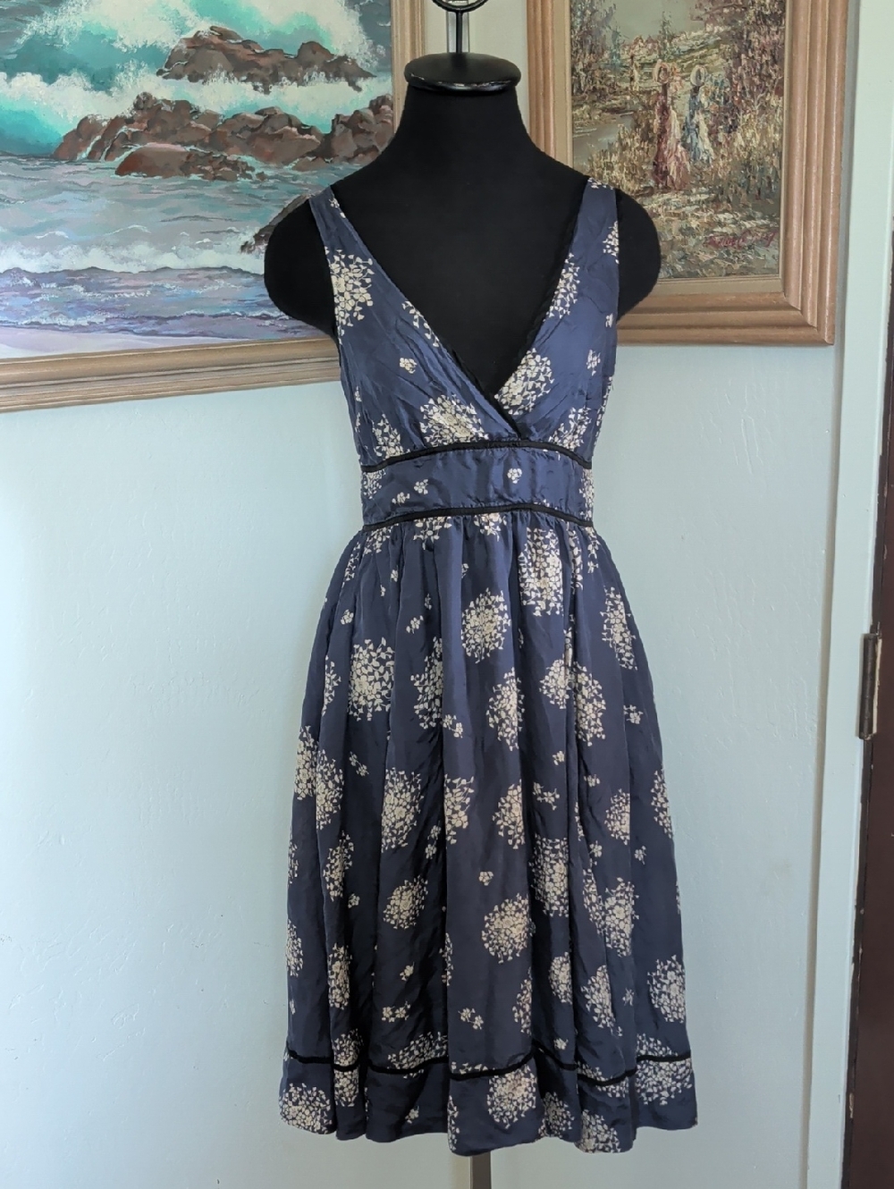 Anthropologie Odille Navy Blue Floral V-Neck Midi Dress